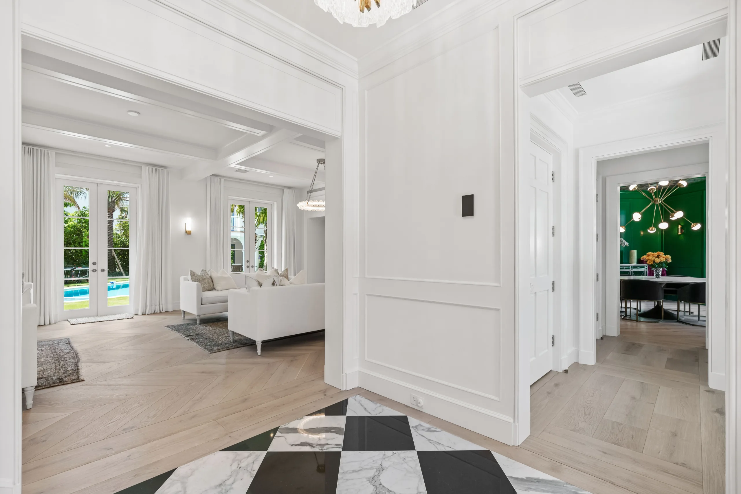 Pool and blue shutters at dusk